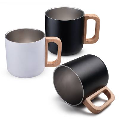 Caneca Térmica Inox 400ml com Alça de Madeira Personalizada