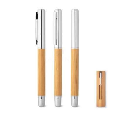 Caneta Roller em Aço Inox e Bambu Personalizada