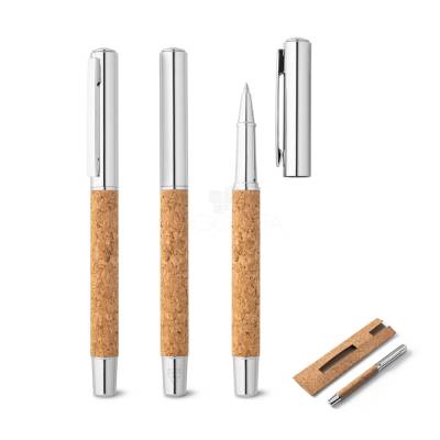 Caneta Roller em Aço Inox e Cortiça Personalizada