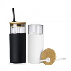 Copo de Vidro 450ml Com Tampa de Bambu e Canudo Personalizado