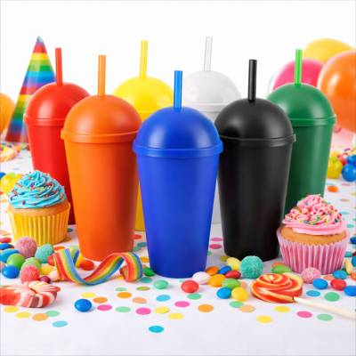 Copo Plástico com Tampa Bola e Canudo 450ml Personalizado