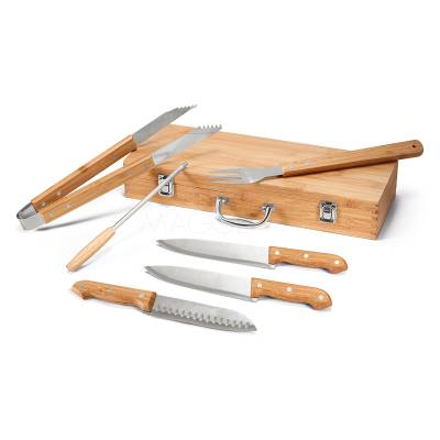 Kit Churrasco 6 Peças em Inox com Maleta de Bambu Personalizado