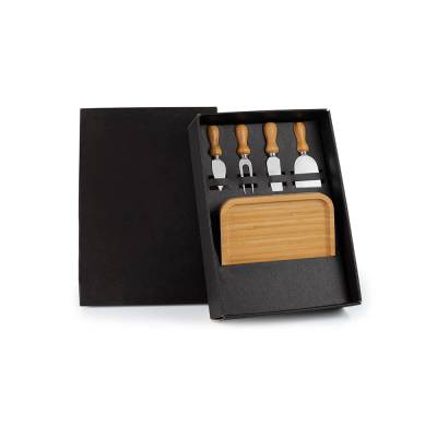 Kit Petisqueira de Bambu com Facas e Garfo para Queijo Personalizado